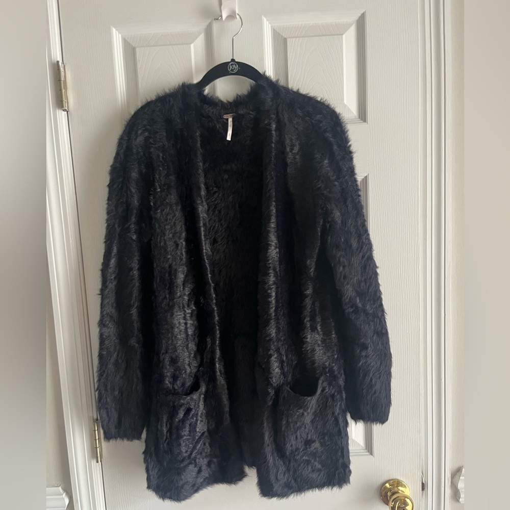 Free People Black Faux Fur Cardigan